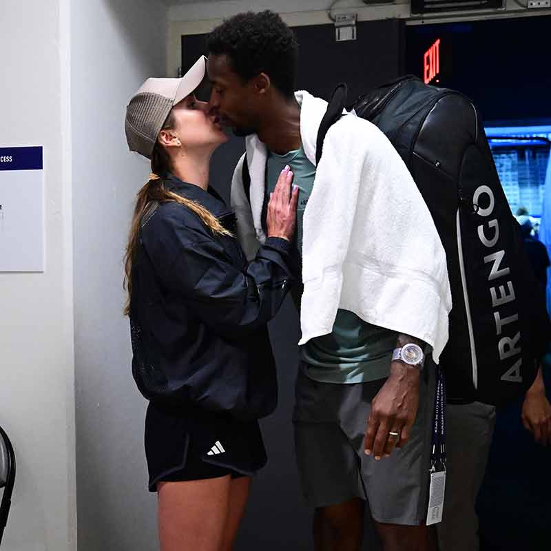 Gael Monfils celebrates his first-round Washington win with wife Elina Svitolina.